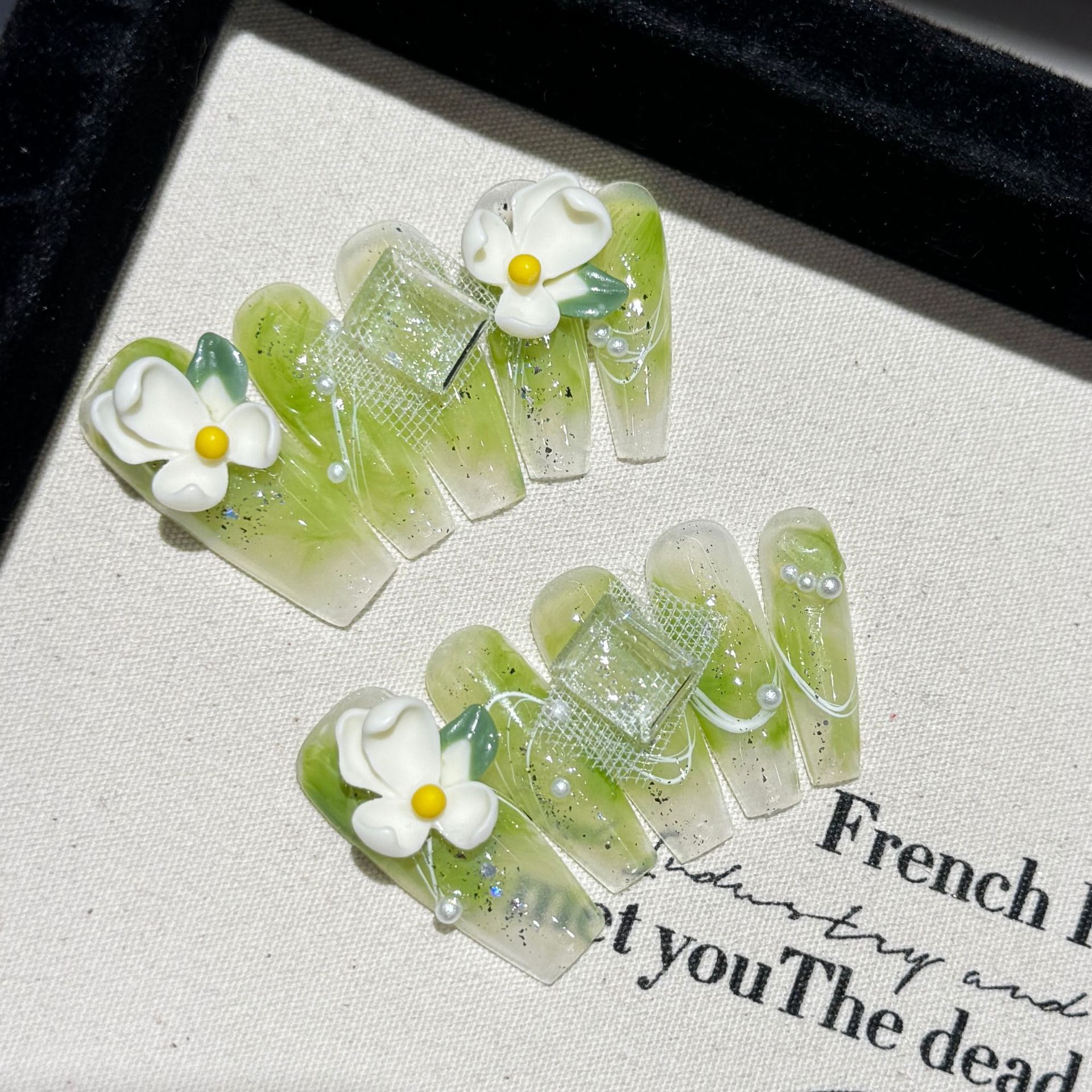 Resin Art With Flowers - 10pcs Pure Hand-Pressed Ultra-Long Coffin Nail